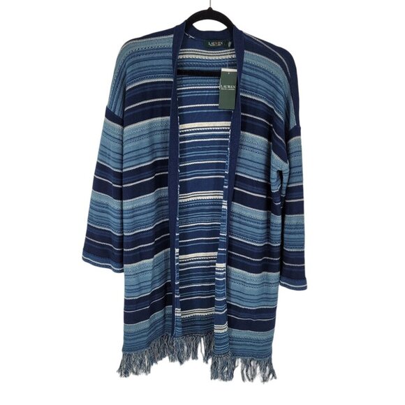 Lauren Ralph Lauren womens Large Blue Stripe knit open front fringe cardigan NWT - Picture 1 of 13